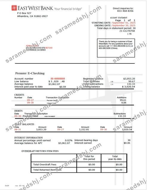USA East West Bank account statement Word and PDF template